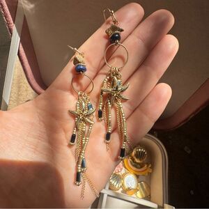 Starfish Charm Dangle Earrings Gold Blue